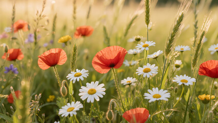 Obraz premium Vibrant wildflower meadow with poppies, daisies, and grasses in sunlit field