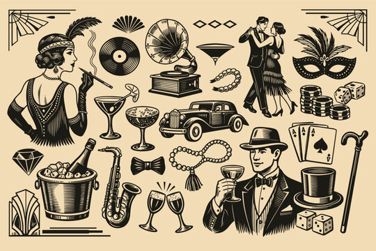 Vintage Art Deco 1920s Party Elements Engraving Vector Illustration Set; Roaring Twenties Icons Featuring Flapper Girl, Tuxedo Man, Jazz Saxophone, Gramophone, Cocktails, and Classic Car.