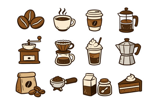 Hand-drawn coffee icon set with coffee beans, espresso cup, takeaway cup, French press, manual grinder, pour-over, iced coffee, Moka pot, coffee bag, portafilter, milk, and chocolate cake slice.