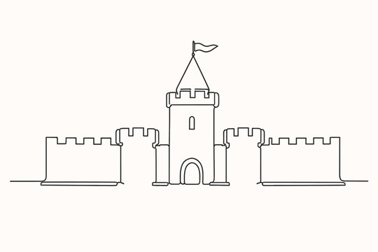 Minimalistic Continuous Line Drawing of a Fortified Castle Wall with Battlements and a Central Tower with a Flag, Simple One Line Art Vector Illustration for Medieval History and Architecture.