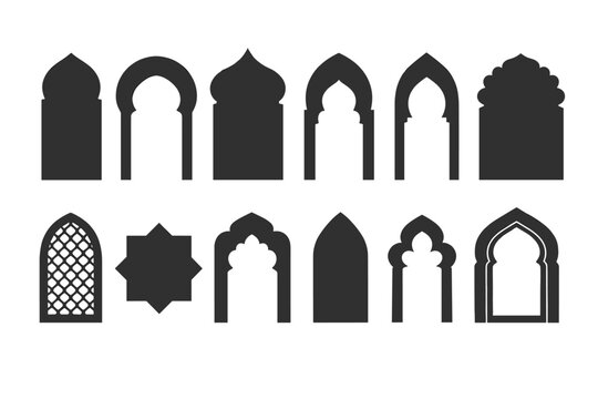 Set of Islamic Arches and Windows Silhouettes in Oriental Style, Traditional Arabic Door Frames and Mosque Architecture Elements for Ramadan and Eid Greeting Cards, Vector Illustration