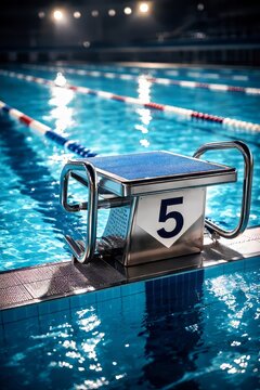 Swimming starting block number five at professional aquatic sports competition pool, athlete training for olympic championship, fitness exercise lane, competitive swimming pool equipment, indoor