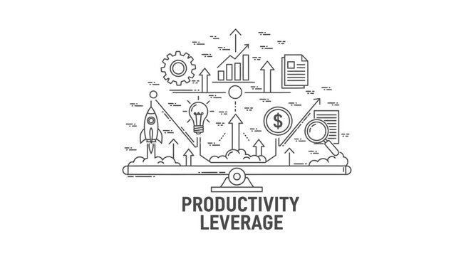Productivity leverage is visually depicted by a balanced scale featuring rocket ships and currency symbols to represent the optimized output and financial growth achieved through efficient workflows.