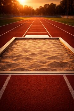 Long-jump sandpit at athletics track stadium, sunset sports competition training, olympic field running exercise, fitness outdoor background