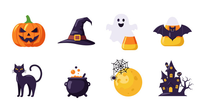 Halloween themed icons including pumpkin witch cat bat ghost and castle