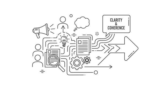Clarity and coherence conceptual linear icons depict a strategic communication process involving research documents, magnifying glass, megaphone, and gears to symbolize efficient team collaboration.
