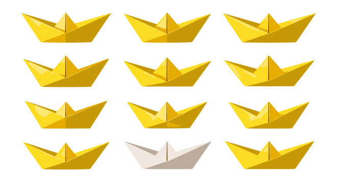 Collection of yellow paper boats arranged in a pattern
