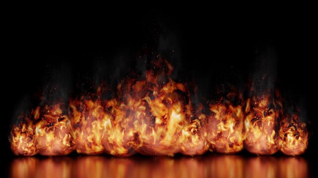 Line of Burning Fire Flames with Reflection - 3d 4k animation (3840 x 2160 px)