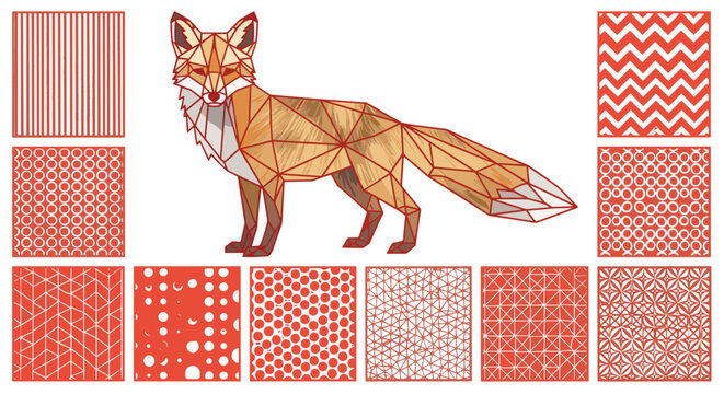Geometric fox illustration with patterned background and design elements