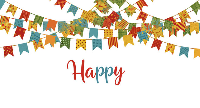 Colorful bunting flags hanging on string for celebration and party