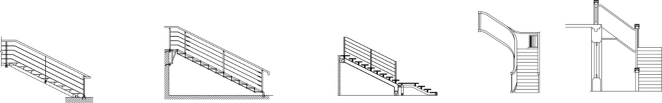 Minimalist architectural elevation vector of various staircase designs, featuring linear stairs with modern handrail details.