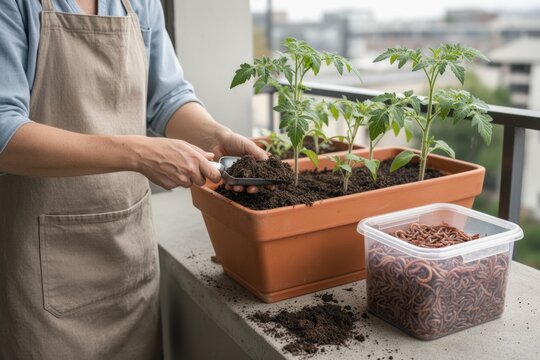 Woman scooping red wigglers into vermicomposting bins on balcony garden