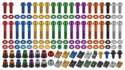 Assorted colorful metal bolts screws washers and nuts displayed in organized rows for industrial use
