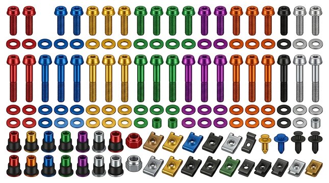 Assorted colorful metal bolts screws washers and nuts displayed in organized rows for industrial use