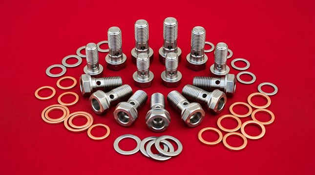 Assorted metal bolts screws washers and nuts displayed on red background for industrial hardware reference