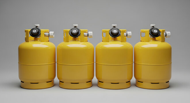 Four yellow propane gas tanks in a row against a neutral background cylinder-shaped with black nozzle industrial fuel containers