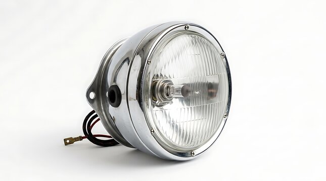 Classic round chrome motorcycle headlight with clear lens and wiring harness attached