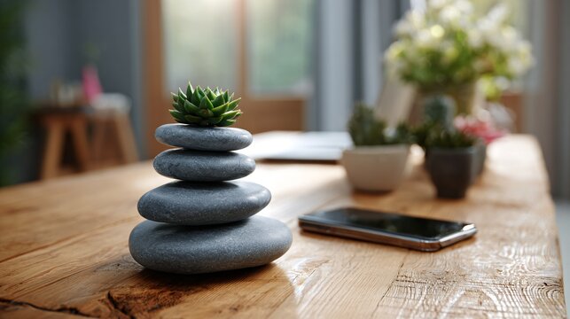 Zen Aesthetic with Smooth Grey Stones and Succulent in Modern Workspace