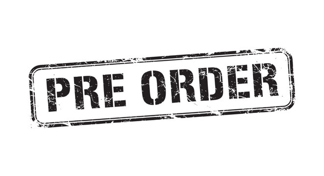 A grungy black rectangular rubber stamp with the text "PRE ORDER" 