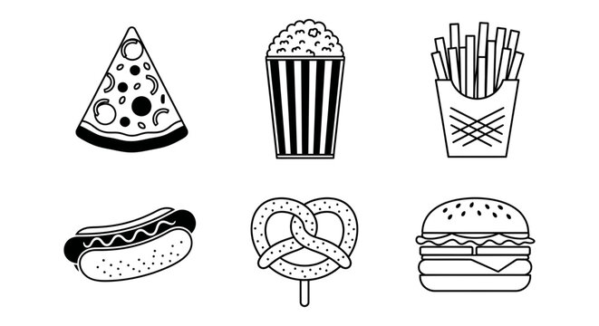 A clear collection of six solid filled illustrations depicting popular fast food and snack items.