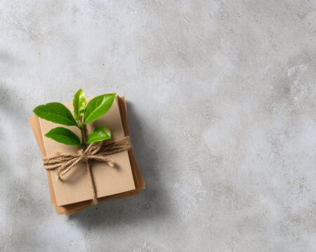 Simple Rustic Minimalist Flat Lay with Leaves and Twine on Concrete