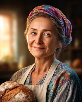 Joyful Senior Woman Baking Freshly Baked Bread in a Cozy Kitchen Setting
