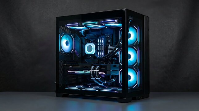 Modern highperformance gaming computer case with illuminated RGB fans and cooling system visible inside