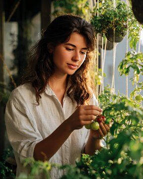 Young Woman Harvesting Ripe Tomatoes in a Sunlit Urban Balcony Garden