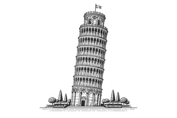 Naklejka premium Detailed Architectural Drawing of the Leaning Tower of Pisa in Black and White Vintage Engraving Style, Iconic Italian Landmark and Monument in Tuscany, Vector Illustration for Travel Design.