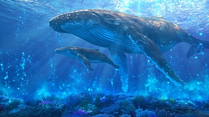 Fototapeta premium Oceanic Embrace: Two majestic whales glide gracefully through the depths, their forms illuminated by ethereal light, creating a serene underwater ballet.