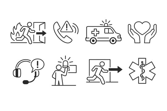 Emergency Line Icons Set with Evacuation Fire Exit SOS Call Ambulance Medical Help Hotline Support Fire Alarm and Star of Life Symbols for Safety Rescue First Aid and Healthcare Vector Illustration
