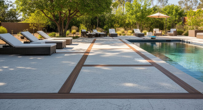 Modern pool patio with luxury lounge chairs and clean lines showcasing contemporary outdoor living and relaxation on a sunny day