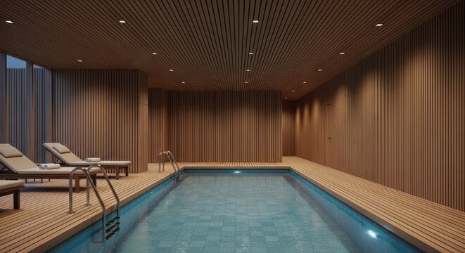 Tranquil indoor pool area featuring wooden plank walls and ceiling with recessed lighting modern design and lounge chairs inviting ambiance