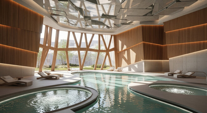 Indoor swimming pool with natural light from geometric windows and wooden walls in modern spa resort architecture