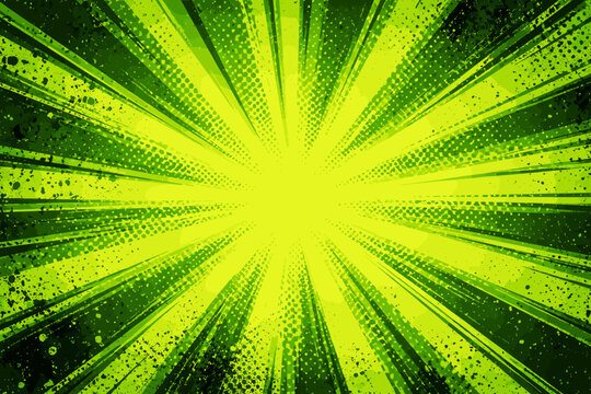 Green Radial Lines Sunburst Background with Grunge Halftone Texture and Paint Splatters, Dynamic Comic Book Style Vector Illustration for Retro Pop Art Design, Energetic Burst Effect Backdrop