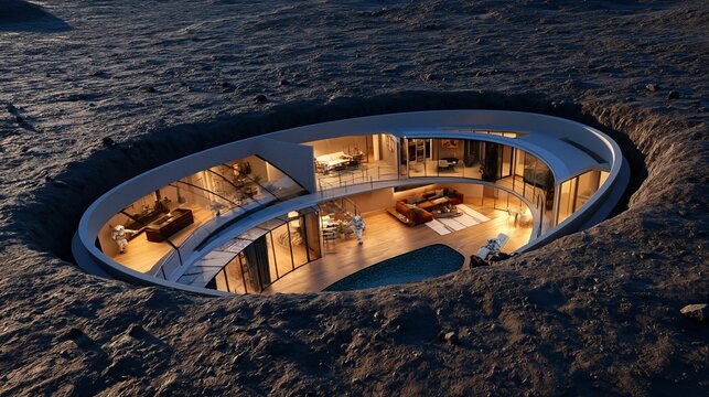 Innovative Earth Home: A modern, elliptical home built into the earth, showcasing a unique blend of architectural innovation and sustainable living, featuring open spaces and natural light.