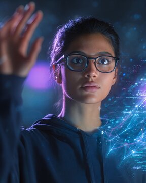 Young Female Developer Interacting with Futuristic Holographic Interface in Dark Room