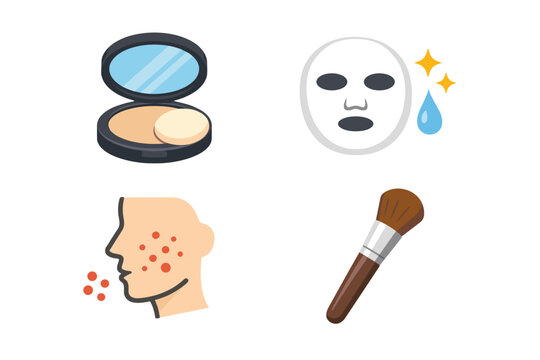 Vector Illustration Set of Skincare and Makeup Icons Including Compact Powder with Mirror, Moisturizing Facial Sheet Mask, Human Face with Acne Breakout, and Professional Cosmetic Makeup Brush.