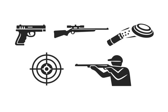 Set of black vector icons for shooting sports and firearm activities featuring a handgun, sniper rifle with scope, clay target shooting, bullseye target, and a marksman aiming a rifle at a range.