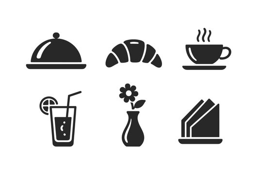 Black Breakfast Glyph Icon Set Featuring a Serving Tray, Croissant, Hot Coffee Cup, Glass of Juice with Straw, Flower in a Vase, and Napkins. Minimalist Vector Symbols for Restaurant and Cafe Menus.