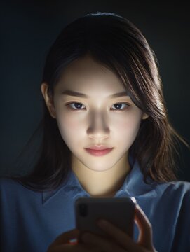 Young Woman in Her 20s Engrossed in Smartphone in Dimly Lit Room