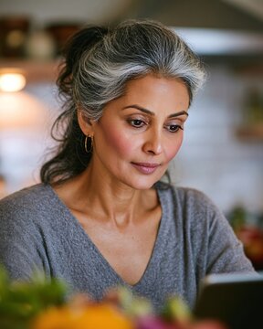Senior South Asian Woman Lost in Thought While Using Tablet in Cozy Kitchen