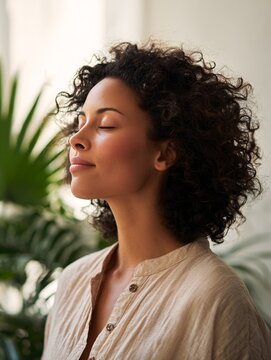 Serene Young Woman Enjoying Peaceful Moment with Nature Indoors, Eyes Closed