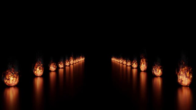 Perspective Path of Burning Fire Balls with Reflection - 3d 4k animation (3840 x 2160 px)