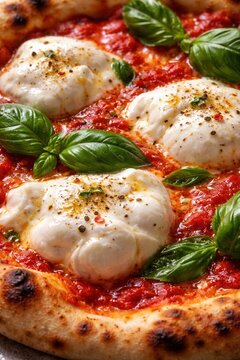 Bufalina Pizza mit Basilikum Nahaufnahme
Detailaufnahme einer Bufalina Pizza mit cremigem B&uuml;ffelmozzarella, Basilikum und frischer Tomatensauce.