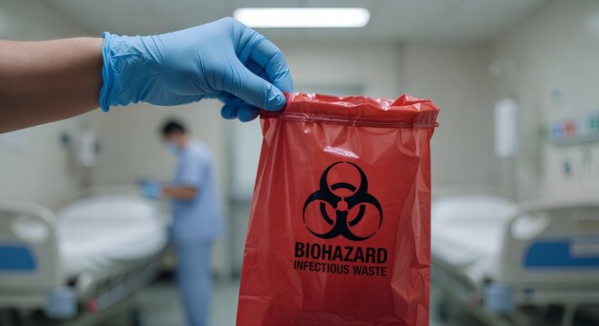 Healthcare worker wearing gloves and holding a red or yellow biohazard bag marked with the universal biohazard symbol, representing infectious waste disposal