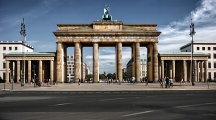 Naklejka premium Brandenburg Gate: An iconic neoclassical monument stands majestically under a clear, azure sky, showcasing its grandeur. 