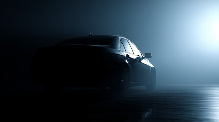 Naklejka premium Dark car silhouette with dramatic blue light on dark foggy background, mysterious automotive concept with copy space