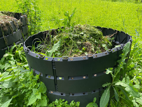 Black compost bin filled with garden and food waste for recycling. Organic waste like dry grass and weeds in plastic containers. Rot pot or Trash-to-compost bin. Garden recycler.
