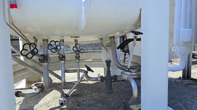 Liquid oxygen cryogenic storage tank with frozen evaporator pipes in industrial facility